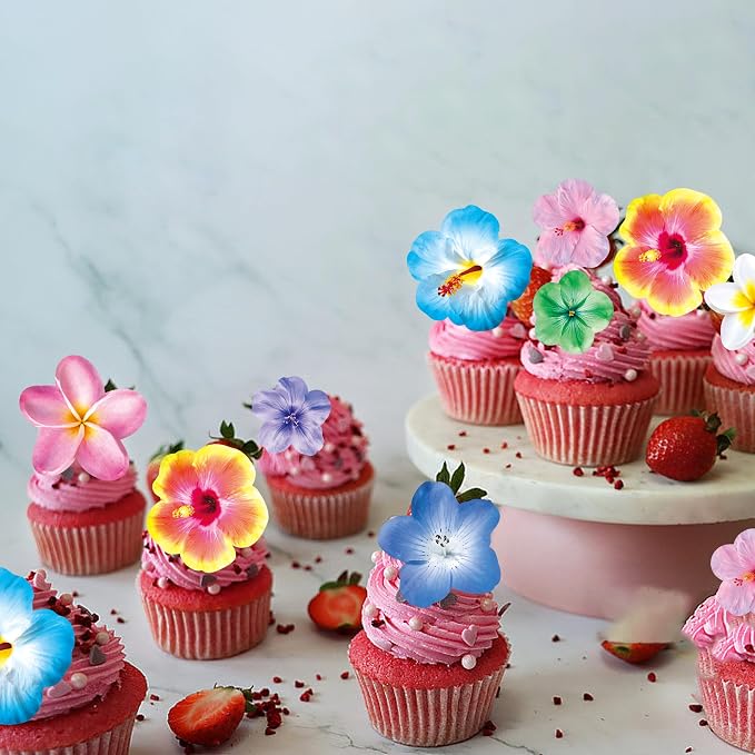 48 PCS Edible Flowers Cupcake Toppers Wafer Paper Birthday Party Hawaiian Birthday Party Decoration Wedding Themed Party Cake Decoration - Image 5
