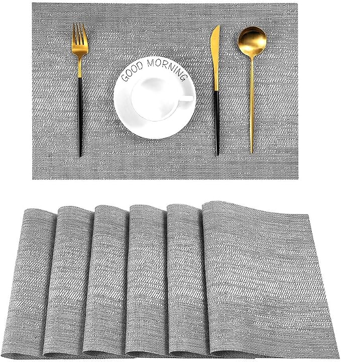 Leetaltree Grey Placemats, Heat Resistant Non-Slip Place mats for Dining Table, Washable Durable PVC Vinyl Woven Table Mats (Set of 6) by Leetaltree-ArtatEveryTable