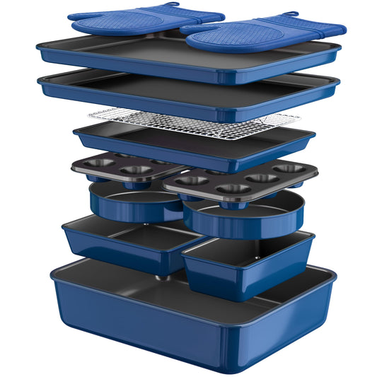 Wildone 13-Piece Baking Pans Set Nonstick - Stackable Bakeware Sets Including Cookie Sheets for Baking, Rack, Muffin Pan, Cake pan, Loaf Pan, Roasting Pan, Heavy Duty & Easy Clean, Plum
