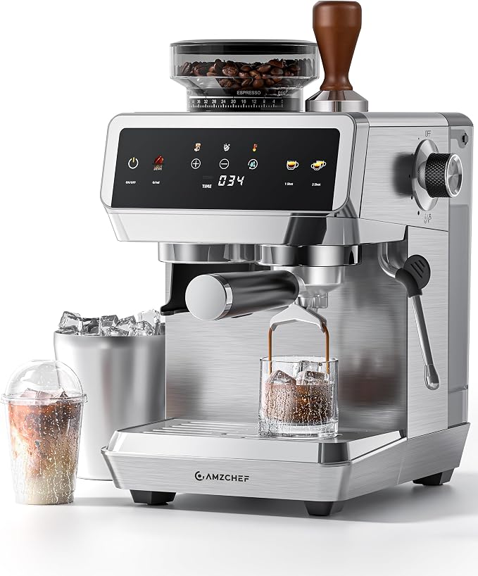 AMZCHEF Espresso Machine With Grinder, Temp Control, 44 Grind Settings | Hot & Cold Brew, Cappuccinos & Lattes, Built-in Grinder, Milk Frother, Touch Screen, Easy to Clean, Compact Design, Silver by AMZCHEF