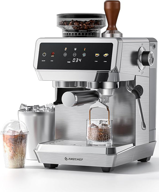 AMZCHEF Espresso Machine With Grinder, Temp Control, 44 Grind Settings | Hot & Cold Brew, Cappuccinos & Lattes, Built-in Grinder, Milk Frother, Touch Screen, Easy to Clean, Compact Design, Silver by AMZCHEF