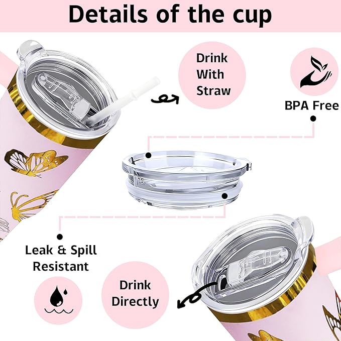 40 oz Butterfly Laser Engraving Tumbler With Handle With Lid Straw Double Insulated Travel Coffee Cup Butterfly Travel Accessories Must Have Gifts For Women