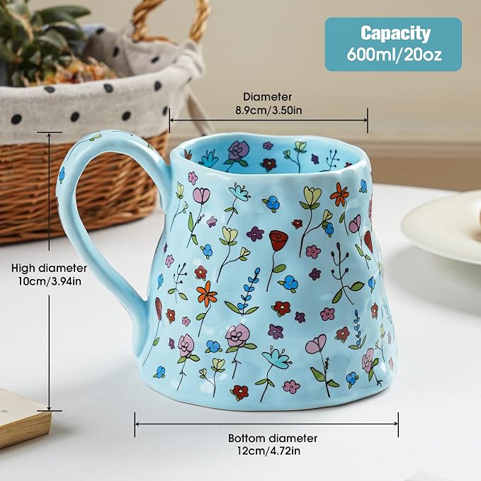 Ceramic Coffee Mug, 20oz Blue Large Mugs with Big Handle, Cute Floral Cup for Latte, Tea, Cocoa, Porcelain Big Tea Cups for Women Mothers Day, Dishwasher and Microwave Safe - Image 2