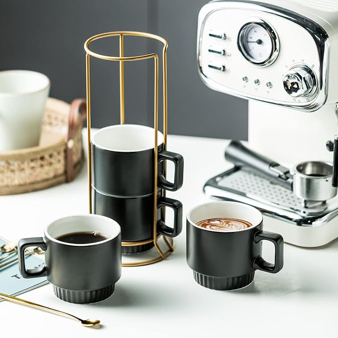 Miamolo Stackable Coffee Mugs with Stand Set of 4, Space-saving Storage | 11oz, Ceramic Latte Mugs | for Espresso Cappuccino Tea Hot Cocoa | Dishwasher & Microwave Safe | Housewarming Gift | Black - Image 6