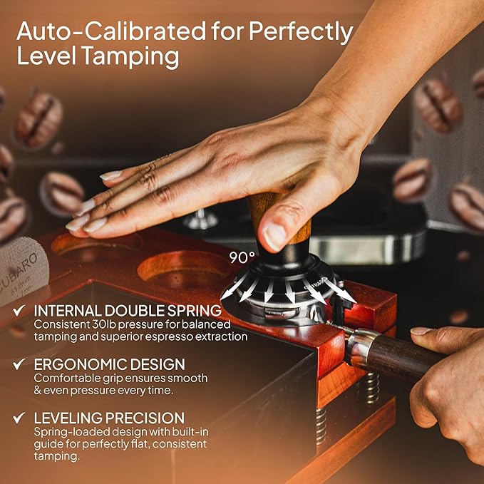 53.3mm Calibrated Espresso Tamper - 30lb Spring Loaded Auto-Leveling Coffee Tamper with Walnut Handle & Ripple Stainless Steel Base - Fits 54mm Breville Portafilter Machines