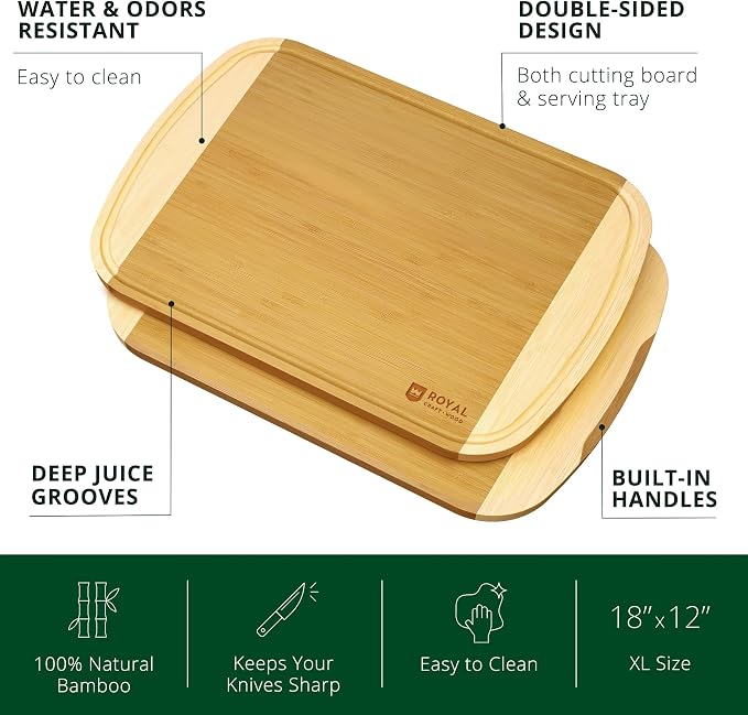 ROYAL CRAFT WOOD Wooden Cutting Boards for Kitchen Meal Prep & Serving - Bamboo Wood Serving Board Set with Deep Juice Groove Side Handles - Charcuterie & Chopping Butcher Block for Meat - Image 2