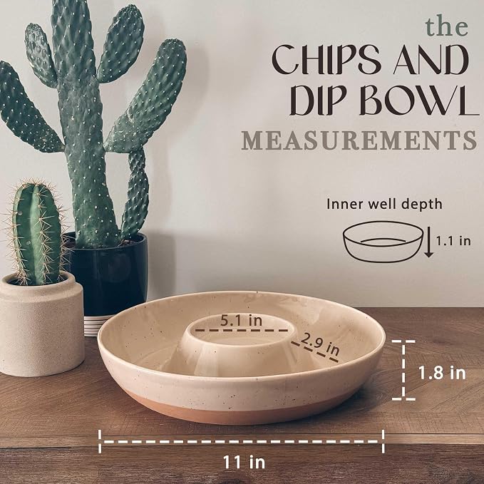 Mora Ceramic Chips and Dip Serving Tray: Large Divided Party Bowl Set for Chips & Salsa, Veggies & Dip, Fruit, Snacks, Entertaining, Hosting, etc. Minimalist Design for the Modern Hostess - Chai - Image 2