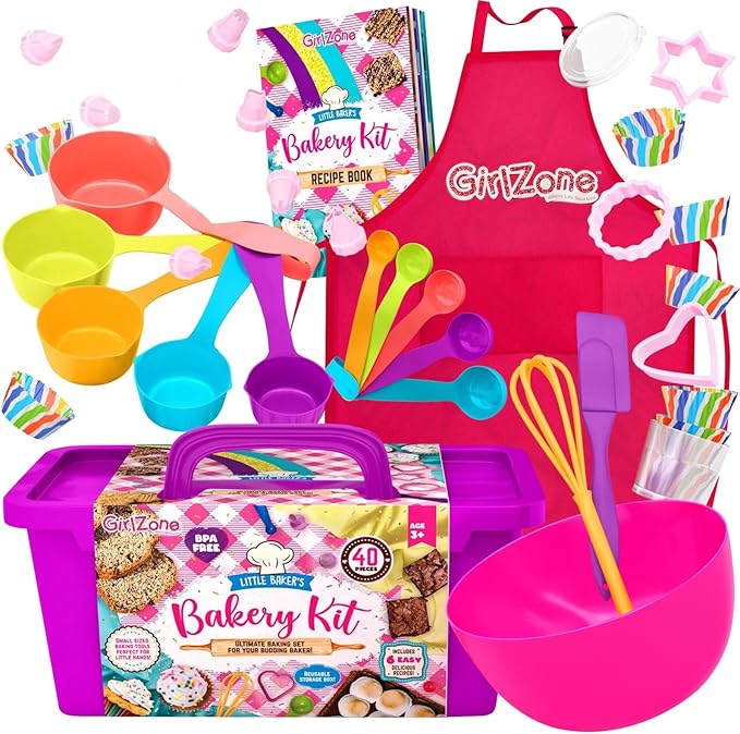 GirlZone Kids Baking Set for Girls - Multicolor, 40-Piece - Girls Baking Kit & Little Baker Set with Apron & Baker Outfit, Whisk, Cookie Cutters, Tools & Recipe Book