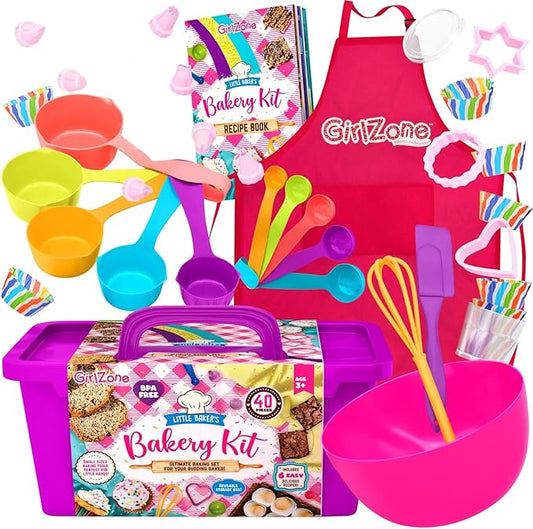 GirlZone Kids Baking Set for Girls - Multicolor, 40-Piece - Girls Baking Kit & Little Baker Set with Apron & Baker Outfit, Whisk, Cookie Cutters, Tools & Recipe Book