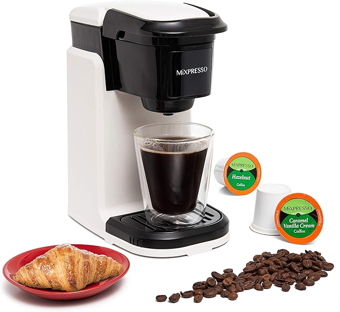 Mixpresso Single Serve Coffee Maker K Cup Coffee Maker for K Pods & Grounds | Compact 800W White Coffee Machine with 12 Oz Water Tank, Fast Brew & Auto Shut-Off, Small Design for Travel RV, Office& Dorm by Mixpresso