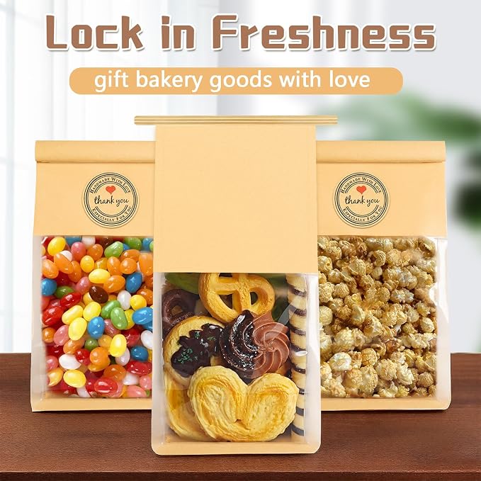 200 Pack Cookie Bags with Seal, 8.2x3.9x3.1 Inch Tin Tie Tab Lock Bakery Bags with Window Resealable Paper Packaging Bag for Muffin, Granola, Candies, Scone, Brownie, Included 200 Thank You Stickers - Image 5
