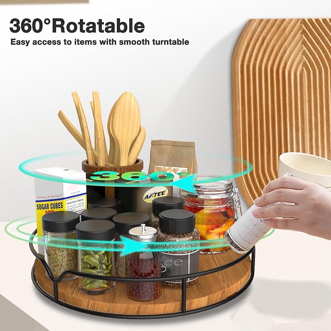 Lazy Susan Turntable Organizer for Cabinet Pantry Kitchen Countertop Refrigerator Cupboard, Pine Wood, 9", Carbonized Black - Image 2