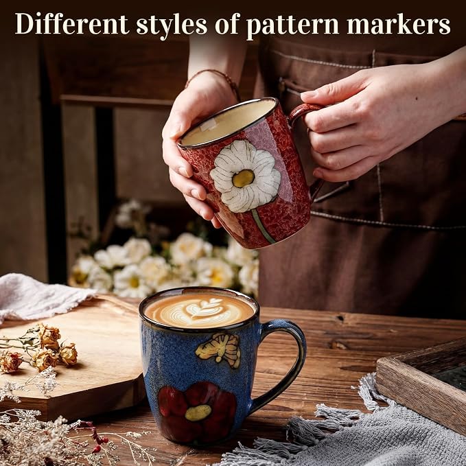 Maxdot 2 Pcs 12oz Ceramic Coffee Mugs Sets Glazing Process Cappuccino Mug Floral Ceramic Tea Cups Idea Gift Set for Women Porcelain Cup for Coffee, Cocoa, Tea, Latte (Retro) (Rustic) - Image 4