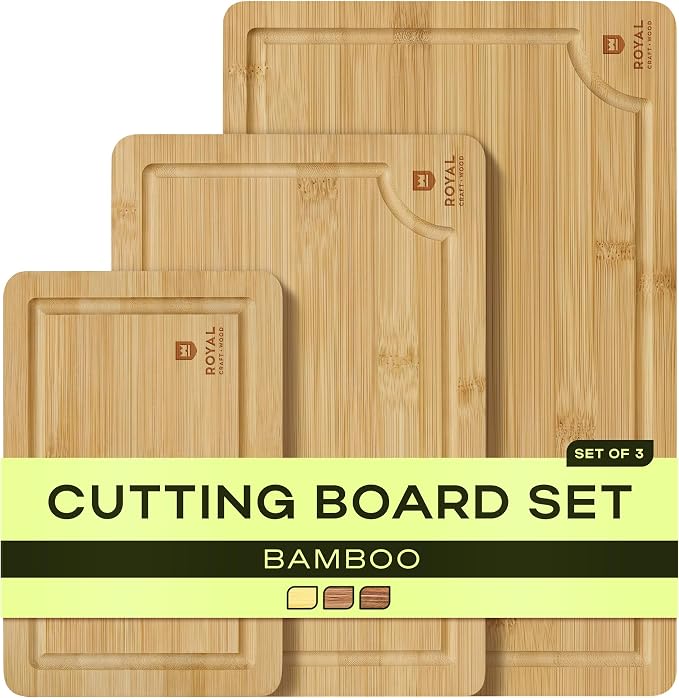 ROYAL CRAFT WOOD Wooden Cutting Boards for Kitchen Meal Prep & Serving - Bamboo Wood Serving Board Set with Deep Juice Groove Side Handles - Charcuterie & Chopping Butcher Block for Meat by ROYALCRAFTWOOD