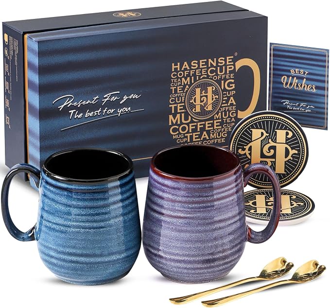HASENSE Ceramic Coffee Mug Set, 20 Oz Tea Cups for Women and Men, Premium Large Latte Mugs with Handle, Gift Cup with Coaster & Gold Spoon for Couples, Blue & Purple by Hasense