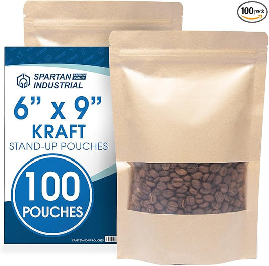6" X 9" Kraft Zip Top Food Storage Bags - Pack of 100 | Smell-Proof Resealable Pouches for Packaging Coffee, Tea, Spices, Snacks, and More - Spartan Industrial by SpartanIndustrial