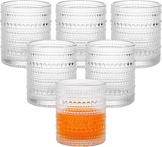 Moretoes Cocktail Glasses10 OZ Hobnail Drinking Glasses Set of 6 | Vintage Whiskey Glassware, Textured Glass Cups Bubble Glasses Water Glasses Old Fashion Jupiter Glasses Set (Clear) by Moretoes