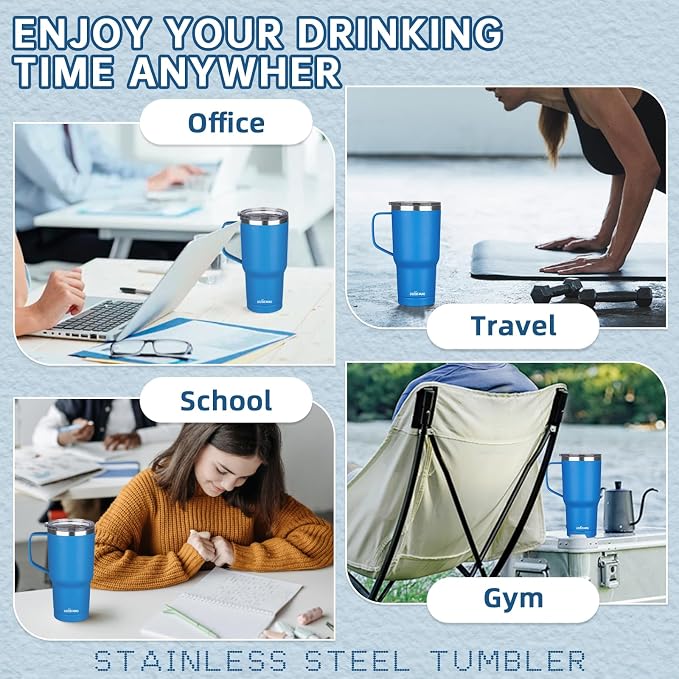 20 oz Insulated Coffee Mug with Ceramic Coating, Stainless Steel Travel Mug Tumbler with Handle Lid and Straw, Double Wall Leak-Proof Coffee Travel Mug Keeps Drink Hot and Cold (Blue) - Image 7