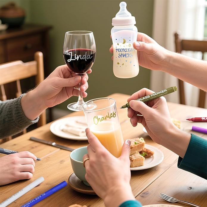GAINWELL Metallic Wine Glass Markers 8Pcs, Non-Toxic, Food-Safe, Dishwasher-Safe, Wine Glass Marker Pens for Ceramic Plates, Parties & Weddings