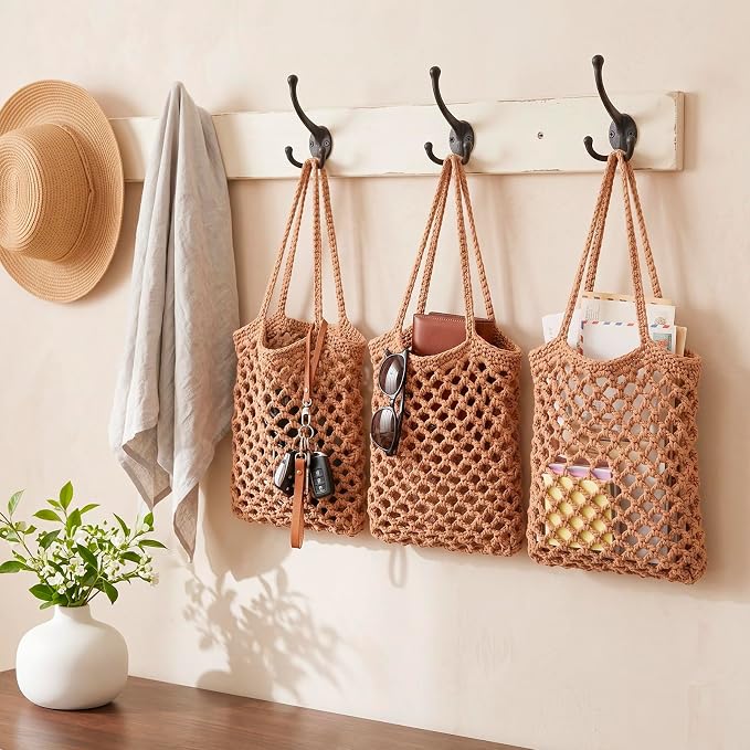 Honeydak Boho Decor Hanging Wall Baskets for Kitchen 3 Pack Teardrop Baskets with Hooks Storage Fruit Onion Vegetable Potato for Home(Dark Brown,Mesh,Cotton Rope) - Image 4