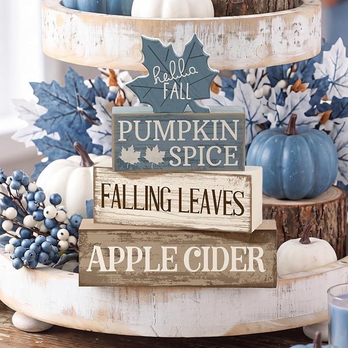 Moucuny 4 Pcs Fall Table Decoration Rustic Blue Maple Leaf Stacked Wooden Block Decor Thanksgiving Tiered Tray Decor Blue and White Maple Leaf Block Sign Gift Fall Centerpiece for Harvest Home Kitchen - Image 2