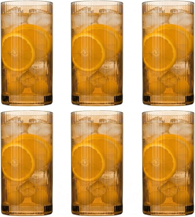 Physkoa Brown Ribbed Drinking Glasses Set of 6 – Vintage Embossed Highball Glassware, Thick Durable Tumbler Cups for Water, Juice, Cocktails, Iced Coffee, Kitchen Bar Gift Set by Physkoa