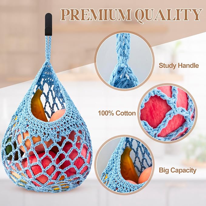 Honeydak Boho Decor Hanging Wall Baskets for Kitchen 3 Pack Teardrop Baskets with Hooks Storage Fruit Onion Vegetable Potato for Home(Light Blue,Crochet,Cotton Rope) - Image 6
