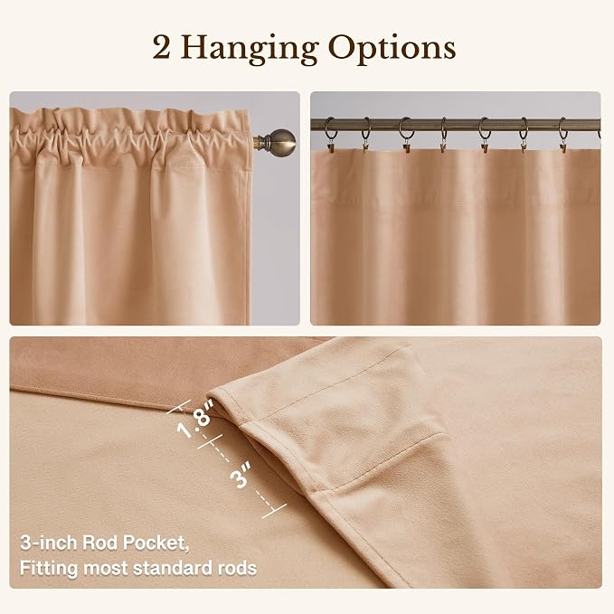 Blush Beige Velvet Window Valance 52x18 Inch 1 Panel | Soft Wavy Scalloped Window Treatment for Kitchen Small Windows, Elegant Half Window Drape for Bathroom, Cabinet - Image 4