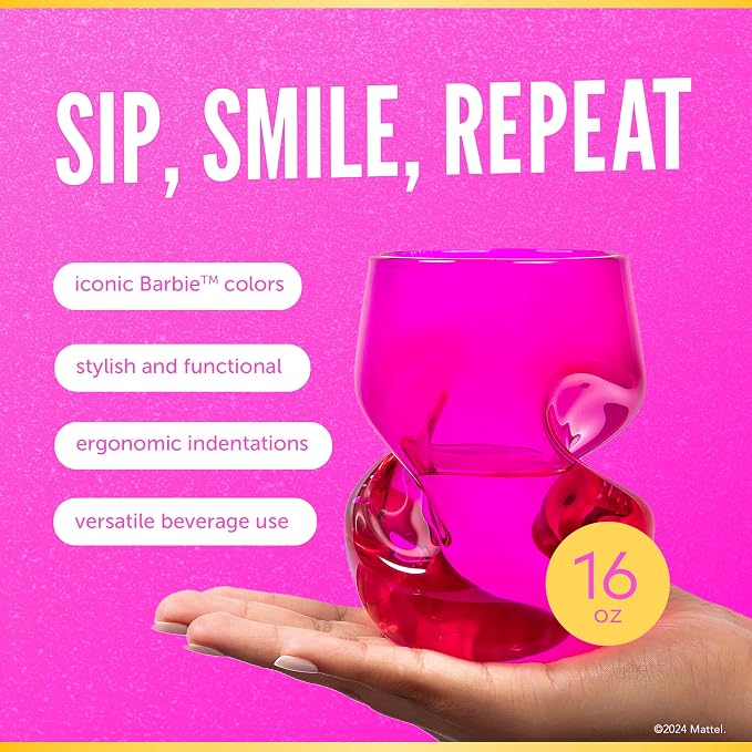 Dragon Glassware x Barbie Stemless Wine Glasses, 16 oz Set of 2 | Pink & Magenta Wine Glasses; Stemless Design with Finger Indentations; Aerates Naturally; Official Barbie Merch - Image 2