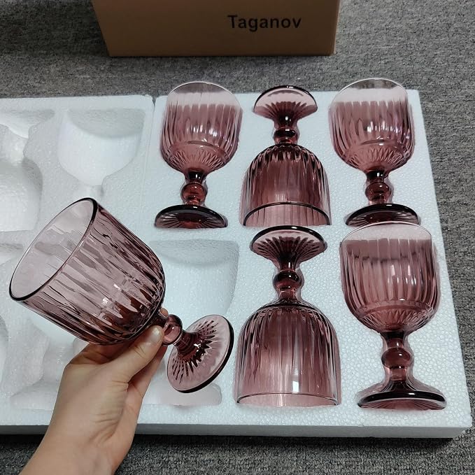 Taganov Purple Glasses Drinking set of 6 Colored Wine Water Stemware Pink Goblets Glassware 11 oz for Wedding Party Bar Vertical Embossed Pattern Stemmed Cups 330 ml - Image 9