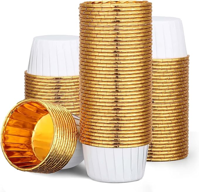 EUSOAR Baking Cups, 100pcs 3.5oz Aluminum Foil Ramekins Paper Cupcake Containers, Disposable Wrappers Mini Cheesecakes Cups Holder Muffin Cupcake Liners for Birthday Wedding Party-White/Gold by EUSOAR