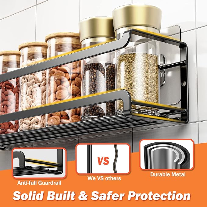 Bunoxea Spice Rack Wall Mounted 2 Pack, Black,11.41x2.75x2.75in | 2 Removalble Hooks,Screw or Adhesive Hanging,Space-Saving,For Kitchen Cabinet, Pantry Door,Stove,RV - Image 4