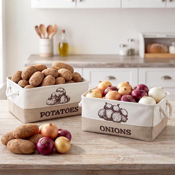 Marsui 2 Pcs Potato and Onion Storage Baskets with Handles, Foldable Kitchen Vegetable Storage Bins, Rustic Countertop Pantry Organizer for Potatoes, Onions, Fruit, Vegetables - Image 5