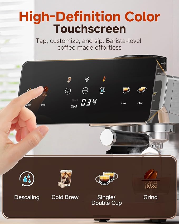 AMZCHEF Espresso Machine With Grinder, Temp Control, 44 Grind Settings | Hot & Cold Brew, Cappuccinos & Lattes, Built-in Grinder, Milk Frother, Touch Screen, Easy to Clean, Compact Design, Silver - Image 4
