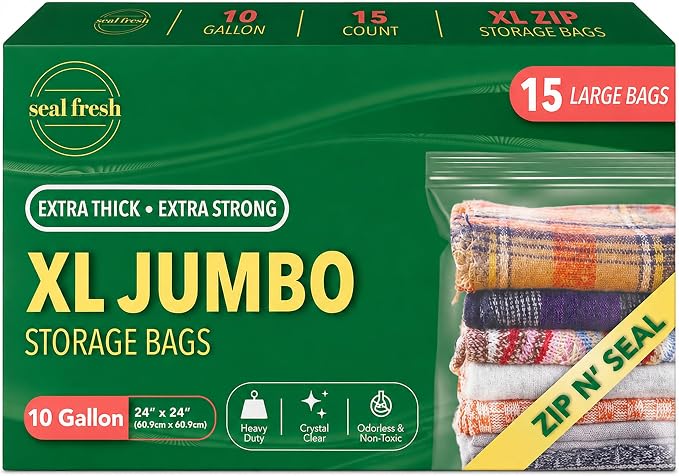 Seal Fresh 10 Gallon Large Plastic Storage Bags – 24" x 24" (15 Count) – Reusable XXL Extra Large Clear Jumbo Zip Bags with Sealable Zipper Top For Clothes, Travel, Moving by SealFresh