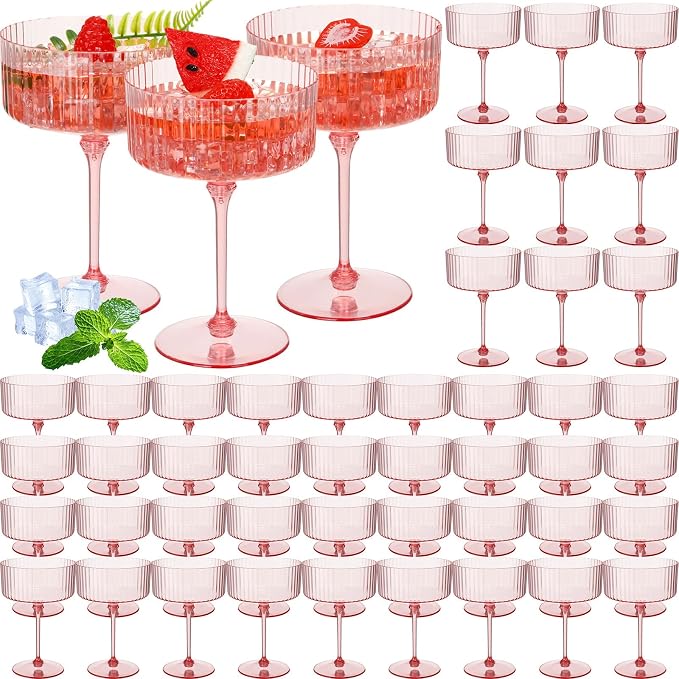 Jingmore 48 Pcs Ribbed Martini Glasses 10 oz Disposable Plastic Vintage Ribbed Coupe Glasses Unbreakable Dessert Parfait Glassware for Wedding Birthday Party Supplies (Pink) by Jingmore