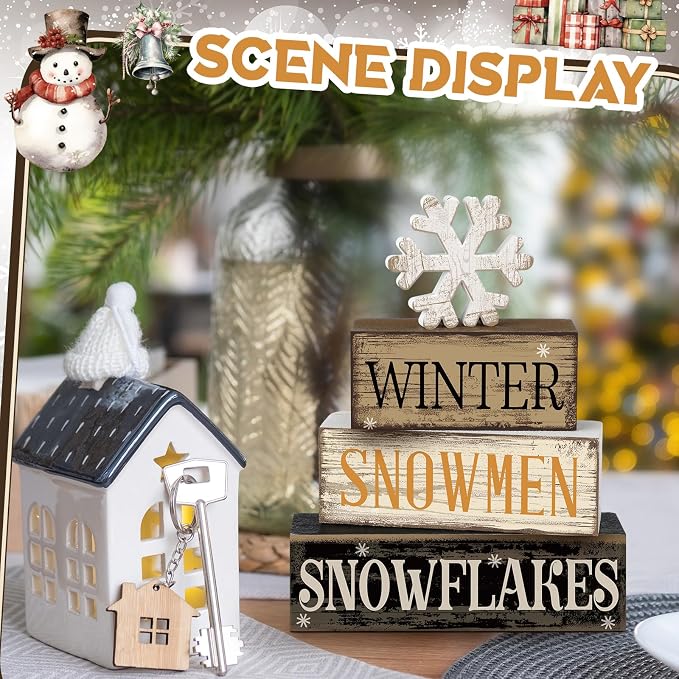Moucuny 4 Pcs Winter Table Decorations Wooden Snowflake Decor Christmas Tiered Tray Decor Rustic Snow Block Signs Gift Farmhouse Christmas Centerpiece for Winter Wonderland Party Kitchen Shelf Home - Image 4