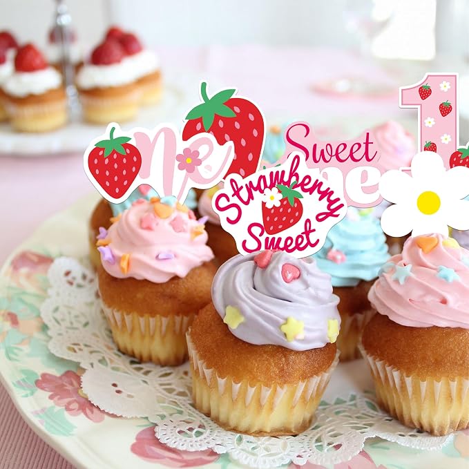 42Pcs Edible Strawberry Sweet One Cupcake Toppers Wafer Paper Birthday Strawberry Cupcake Picks for Baby Shower Kids Birthday Party Cake Decorations Supplies - Image 5