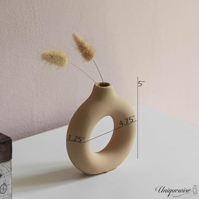 5-Inch Decorative Small Hollow Ceramic Donut Table Vase - Handmade, Minimalist Boho Style, Perfect for Modern Home Decor in Living Room, Home Office, Bedroom, Dining Room and Entryway Console Table - Image 2
