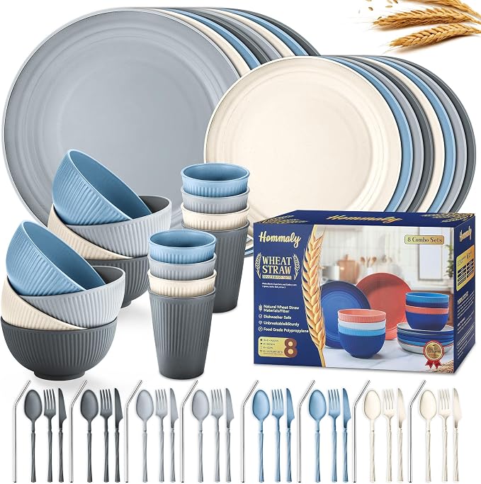 Wheat Straw Dinnerware Sets,64-Piece Plates and Bowls Sets for 8-Unbreakable,Reusable Plastic Dish Set-Dinner Plate/Dessert Plate/Cereal Bowl/Cup/Utensils-Microwave Dishwasher Safe 64P-Seaside color by HOMMALY