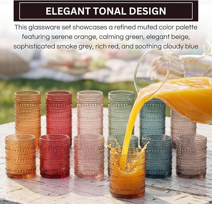 Hobnail Highball Glasses, Vintage Beaded Tumblers Set of 12, 14 & 11 oz | Vintage Beaded Design, Embossed Bubble Texture, Comfortable Grip, Ideal for Water, Whiskey, Cocktails, Wine & Mixed Drinks, - Image 3