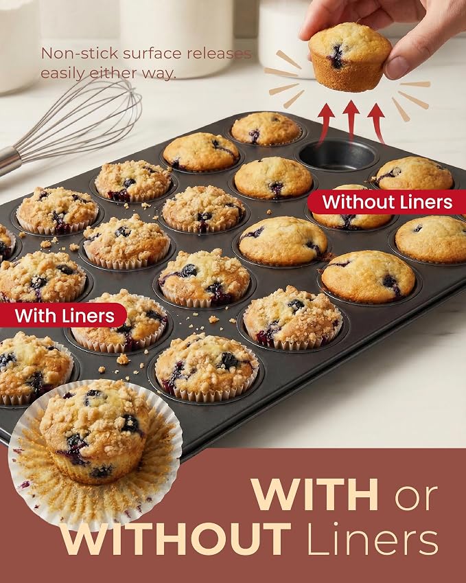 CARTMAN 24-Cup Mini Muffin Pan, Nonstick Carbon Steel Mini Cupcake Tin | Includes 200 paper liners, 24-cup nonstick carbon steel, oven safe 450°F, ideal for egg bites, mini cupcakes & brownies - Image 5