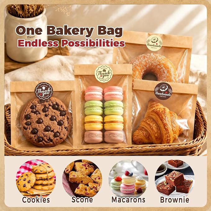 120PCS Cookie Bags with Seal, 5.7 x 6.5 Inch Cookie Packaging with Stickers | Heat Sealable & Grease Resistant Paper Bakery Bags with Window, Pastry Bags for Bake Sale Treat Scone Donut Brownie - Image 7