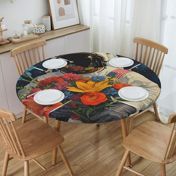 Astronaut with Flowers in Space Round Tablecloth Fitted Table Cover The Flower Seller Washable Tablecloths for Kitchen Dining Party 40-44 Inch - Image 5
