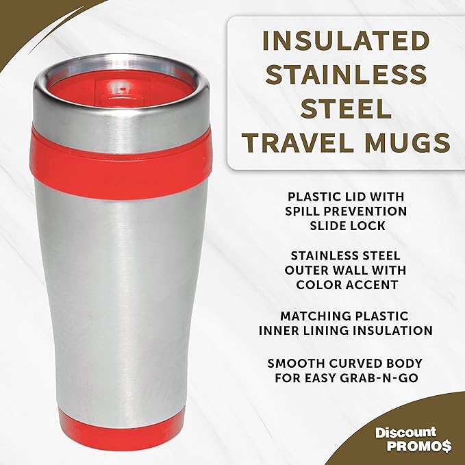 DISCOUNT PROMOS Insulated Stainless Steel Travel Mugs 16 oz. Set of 10, Bulk Pack - Perfect for Coffee, Soda, Other Hot & Cold Beverages - Red