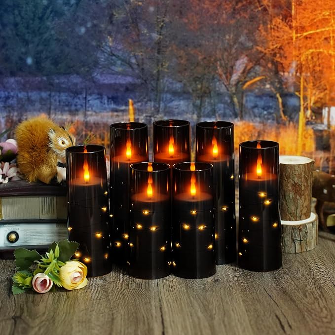 Flameless Candles,with Embedded Star String, Battery Operated Candles Flickering LED Pillar Candles with Remote Control and Timer, Home Decoration Add a Warm and Romantic Atmosphere，Set of 7 (Black) - Image 3