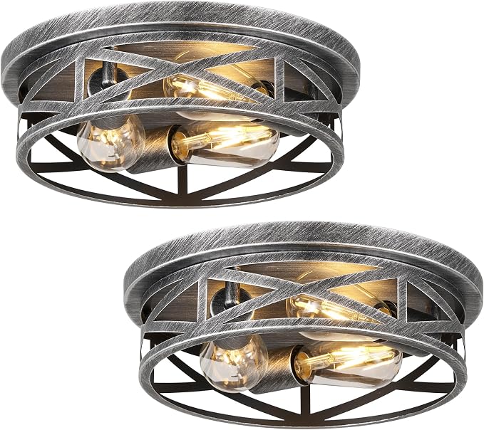 Close to Ceiling Light Fixtures, 3-Lights Cage Flush Mount Ceiling Light, Black and Silver Farmhouse Metal Semi Flush Mount Ceiling Light for House Hallway Kitchen Bedroom, 2 Pack by Wyneyet