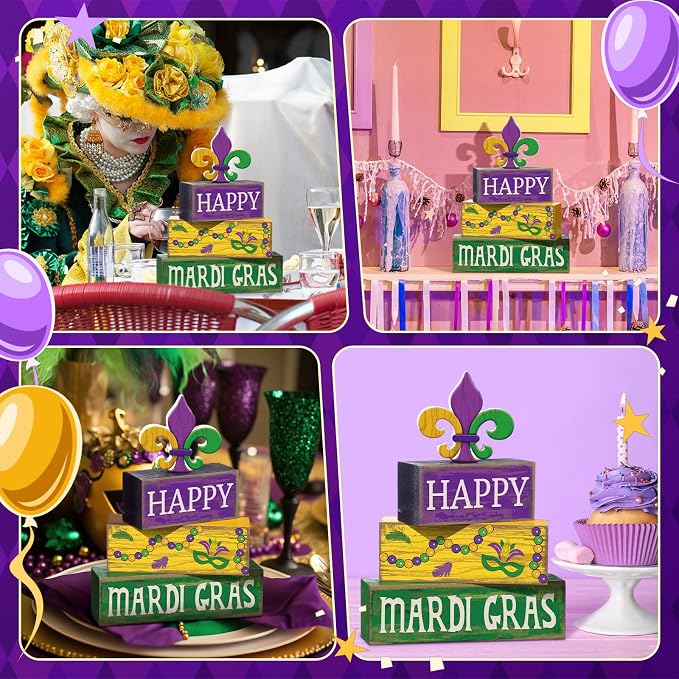 Moucuny 4 Pcs Mardi Gras Decorations Mardi Gras Wooden Sign Carnival Table Centerpiece Carnival Tiered Tray Decor Decorative Faux Book Stack Block for Masquerade Party Fireplace Mantel Shelf - Image 3