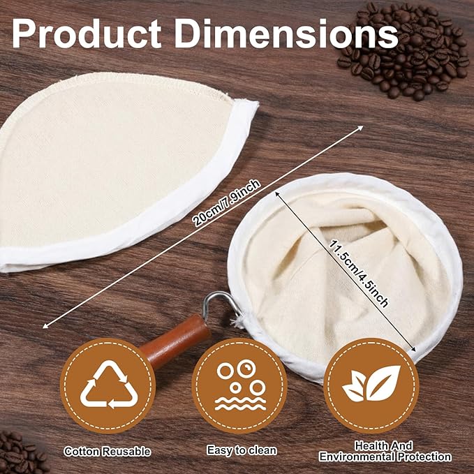 3PCS Coffee Sock Strainer with Wooden Handle, Washable Cloth Coffee Filter, Reusable Coffees Sock Filter for Coffees Shop Home Office Handmade