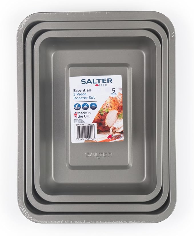 Salter Essentials Roasting Tray Set, 3 Piece Carbon Steel, 31/35/39 Cm | Non-Stick Coating, PFOA-Free, Dishwasher Safe, Stackable Nesting Design, Even Heat Distribution, Made In The UK - Image 8